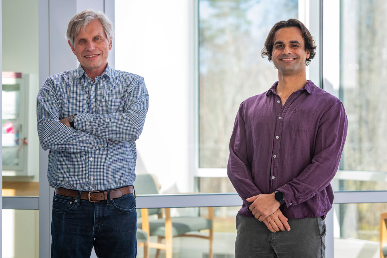A cancer-driving gene known as MYC plays a central role in tumor growth in breast, colon, and lung cancers as well as in leukemia, lymphoma, and melanoma. Yet because MYC is also essential to normal cell growth and to human life, it has long been considered off limits for drug therapy. Accelerator award-winners Michael D. Cole, PhD (left), and Edmond J. Feris, PhD (right), have discovered a path to stopping MYC from creating tumors without interrupting its normal and life-sustaining functions. Photo by Kata