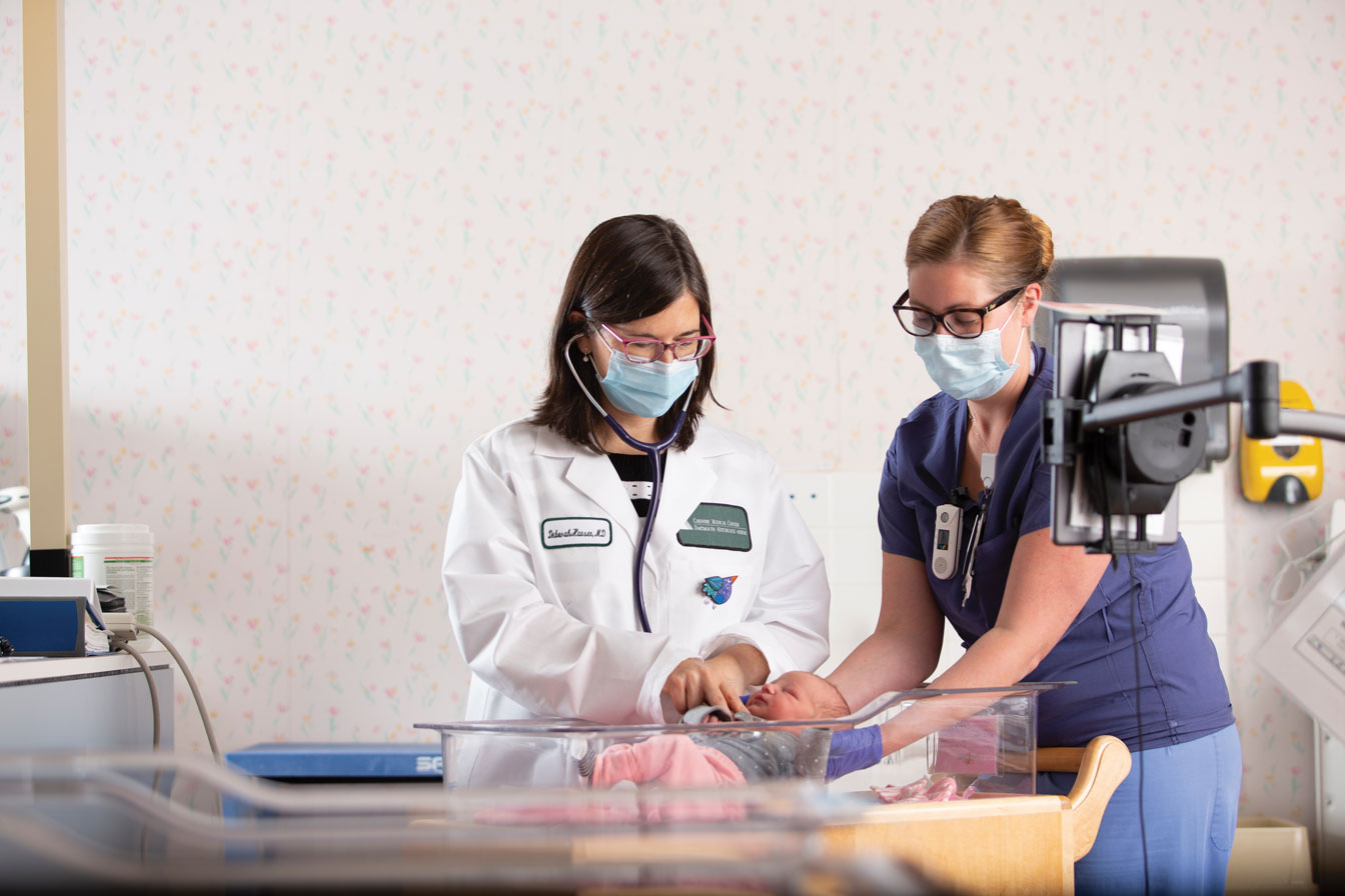 Cheshire Medical Center in Keene, N.H., was the first site to utilize D-H’s TeleICN services in 2018. Pictured here are pediatrician Deborah Hansen, MD, and Logan F., RN.