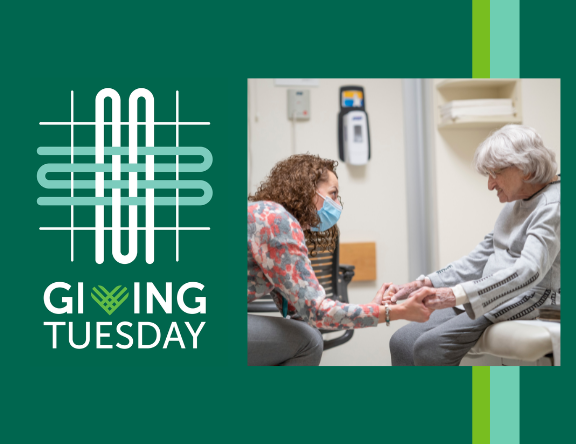 Giving Tuesday on green background with patient and provider holding hands