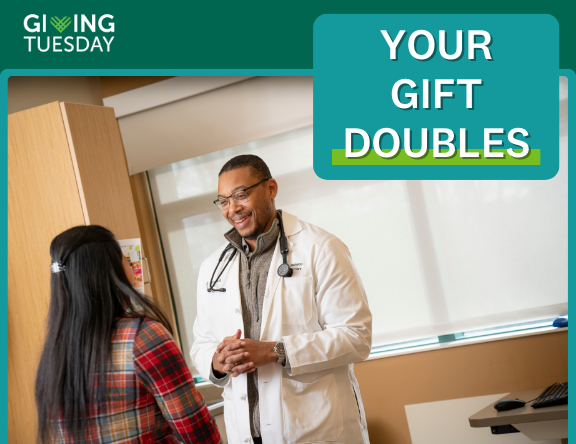 GivingTuesday your gift doubles with an image of a patient with a provider