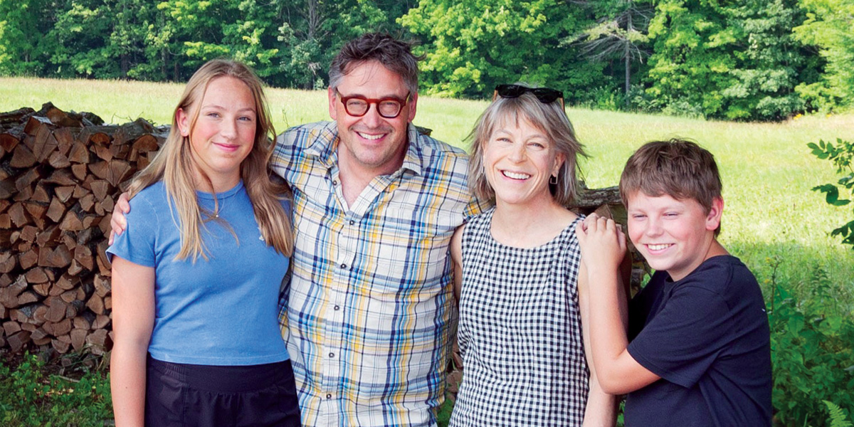 Jesse Blanchard and his family in New London, N.H., in July 2024. The Blanchard family—(from left to right) Sidney, Jesse, Maggie, and Oliver—were back in New England to visit an old friend from Norwich, Vermont.