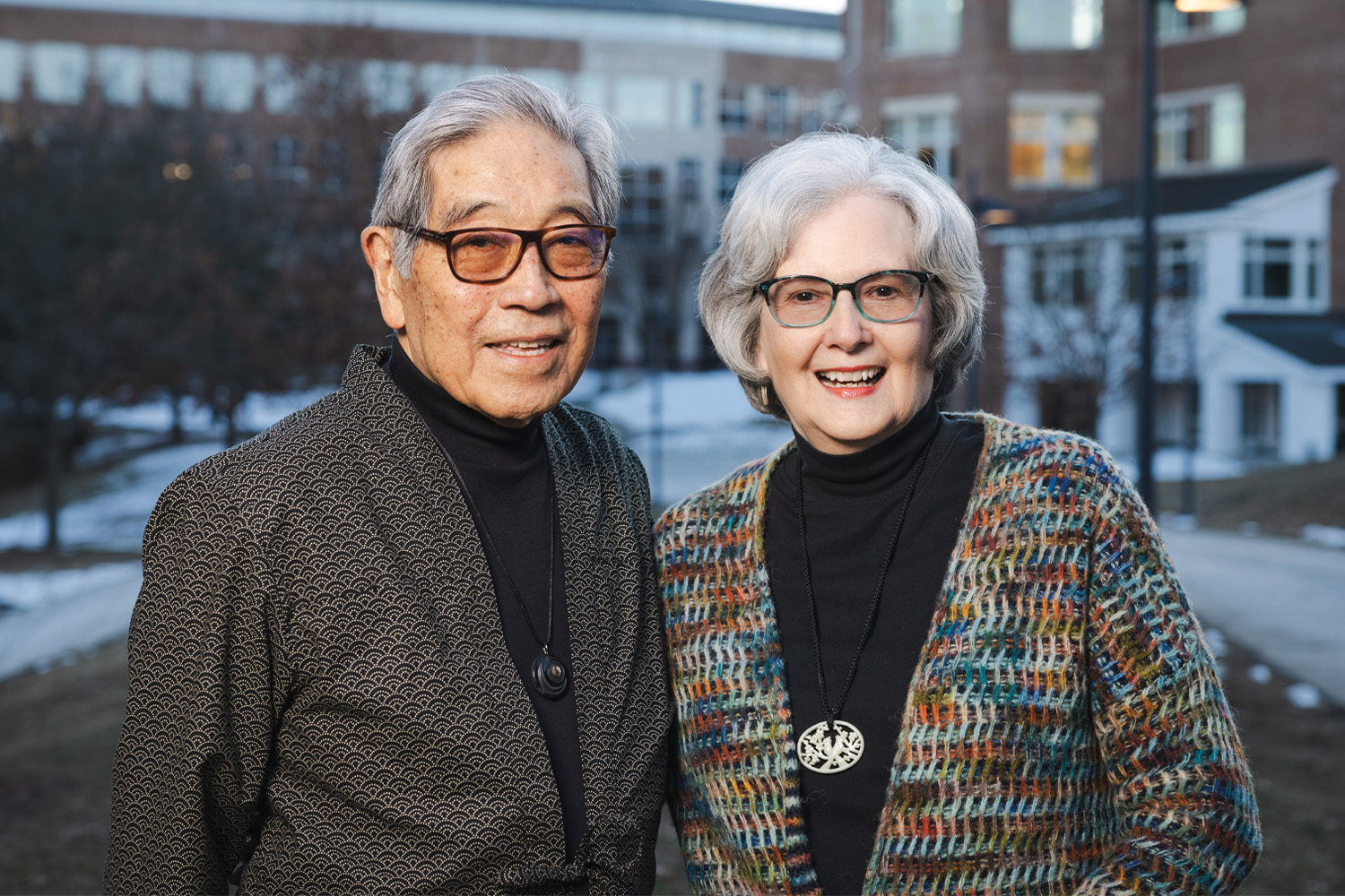 Joe Okimoto MD, D ’60, MED ’61 and his wife, Jeanie, on campus in Hanover on February 19, 2024.