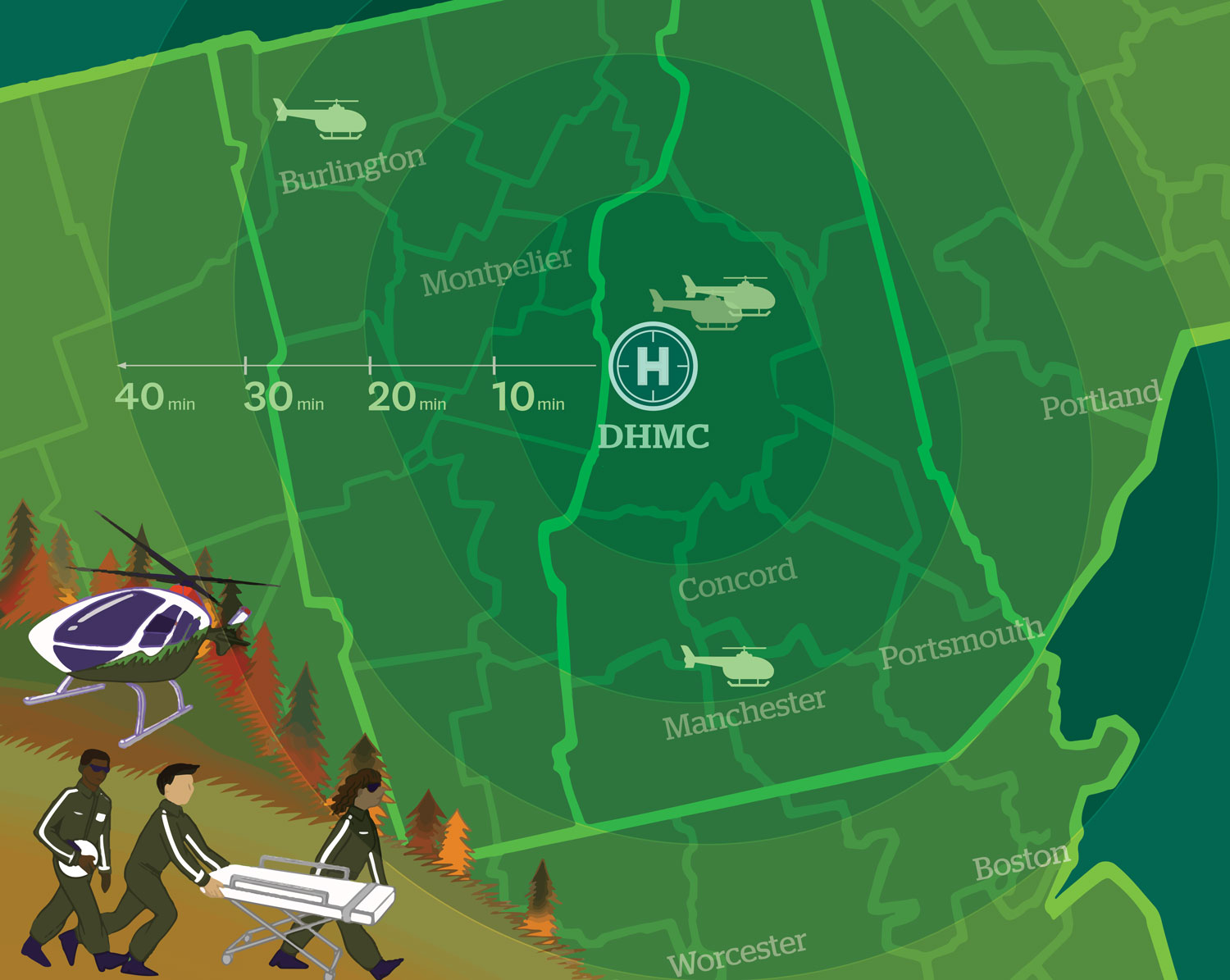 map of DHART helicopter range