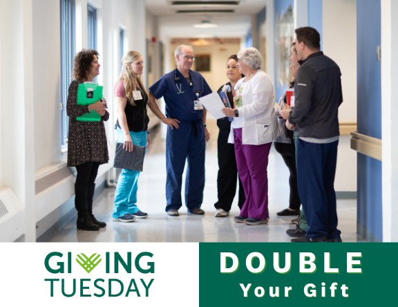 GivingTuesday your gift doubles with an image of a patient with a providers in a hall