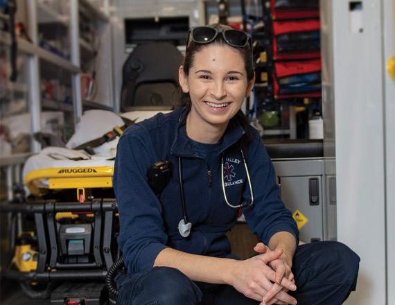 Karissa LeClair ’21 at Upper Valley Ambulance headquarters in Fairlee, Vermont. Photo by Kata Sasvari