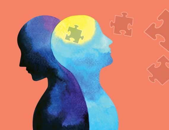 Abstract illustration of two people standing back-to-back. Inside the head of the person on the right is a puzzle piece.