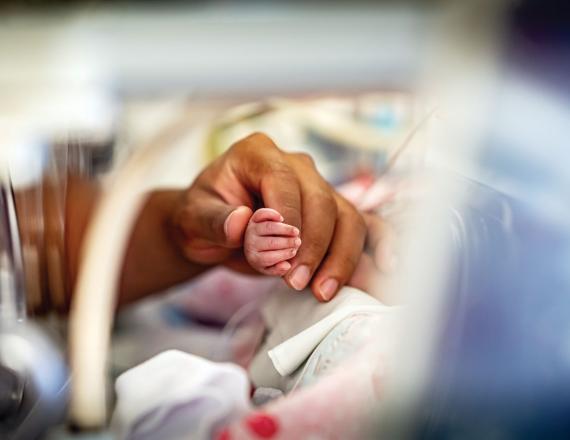 Infant in NICU has hand being held by adult