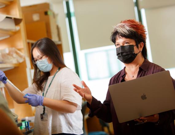 Through the Accelerator, Bernice Leung (left) and Yolanda Sanchez, PhD (right), learned the steps involved in getting a drug to human trials and then into the market, and met people who can help them move their project forward.