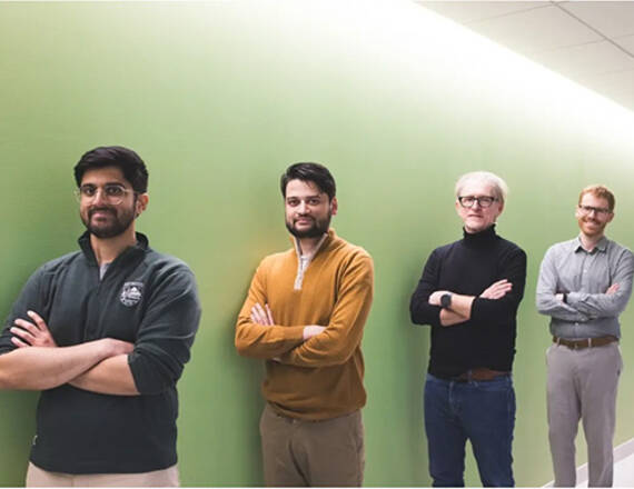 From left, Guarini PhD student Arvind Pillai and PhD candidate Subigya Nepal are co-lead authors of the study, computer science professor Andrew Campbell is a corresponding author, and Geisel professor Nicholas Jacobson is a co-author. (Photo by Katie Lenhart)