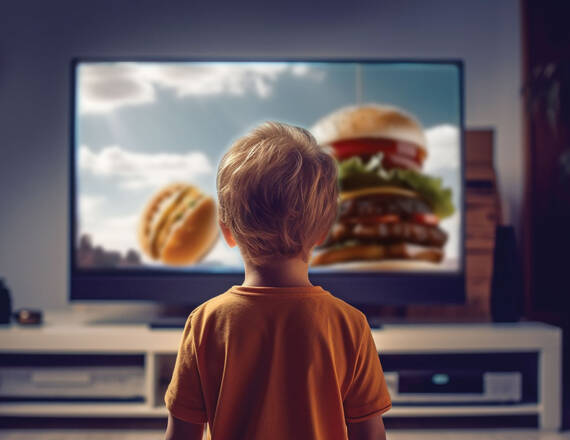 Child looks at fast food options on television.
