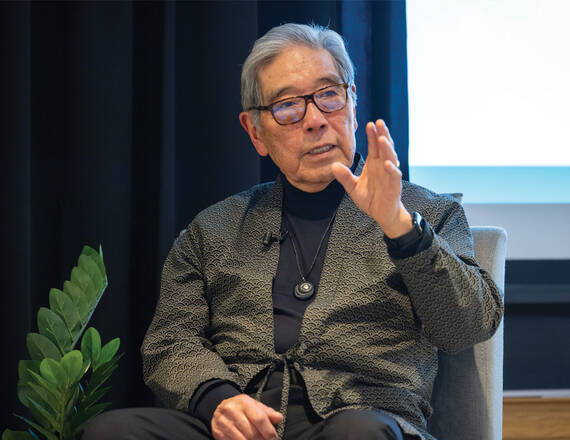 Joe Okimoto MD, D '60, MED '61 speaks at a Conversations that Matter event at Dartmouth about being imprisoned as a child during World War II at the Poston War Relocation Center.