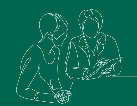 A line drawing of two seated clinicians looking at a chart together