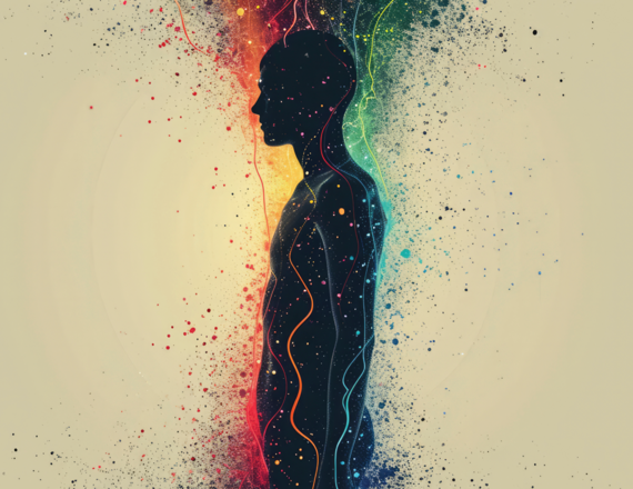 Artistic rendering of the human body in profile with multicolor streaks flowing up through the body and out through the top of the head